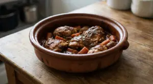 A rustic clay pot on a wooden table holds cooked chicken pieces and chopped orange carrots covered in a thick, dark
