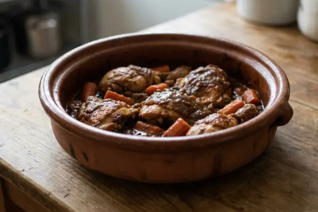 A rustic clay pot on a wooden table holds cooked chicken pieces and chopped orange carrots covered in a thick, dark
