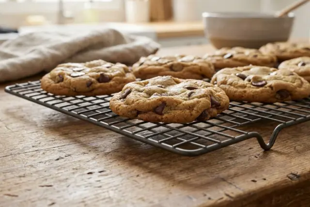A close-up view of freshly baked chocolate chip cookies resting on a wire cooling rack on a rustic wooden kitchen