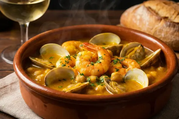 garbanzos con gambas y almejas